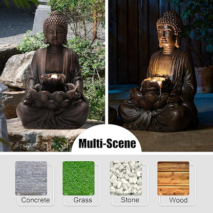 Glitzhome Buddha Fountain with Pump & LED Light, 2 Tier Zen Style Meditating Buddha Water Fountain Outdoor Fountains and Waterfalls Outdoor Buddha Statues for Garden Patio Backyard 28" H