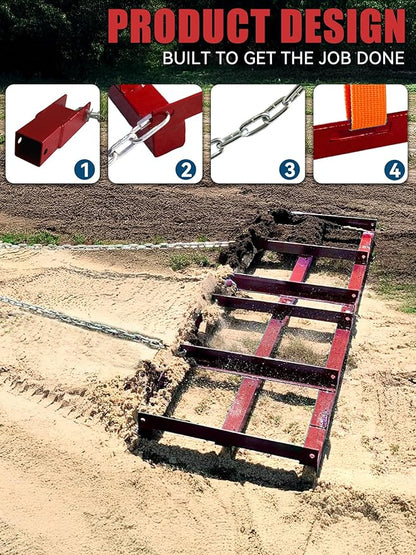 4ft Heavy Duty Drag Harrow for ATV, UTV, Tractor - Adjustable Tow Behind Leveling Rake with Weight Tray for Driveway Grader, Lawn, Field, Pasture, Food Plot Maintenance, Red(48 inch)