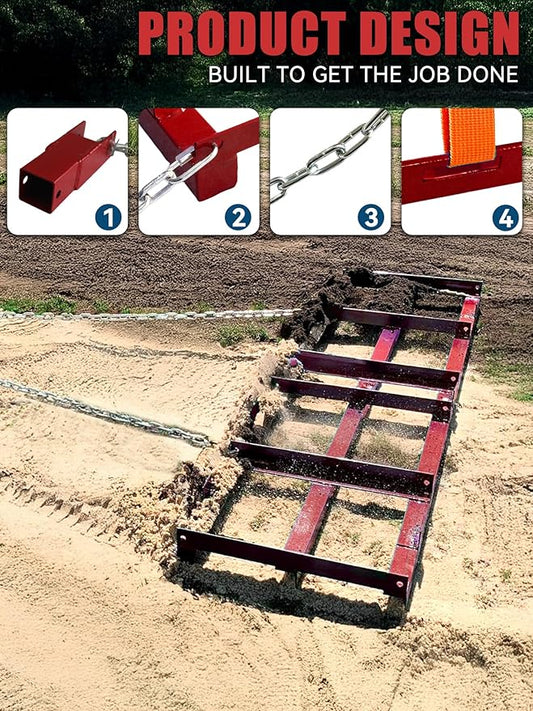 4ft Heavy Duty Drag Harrow for ATV, UTV, Tractor - Adjustable Tow Behind Leveling Rake with Weight Tray for Driveway Grader, Lawn, Field, Pasture, Food Plot Maintenance, Red(48 inch)