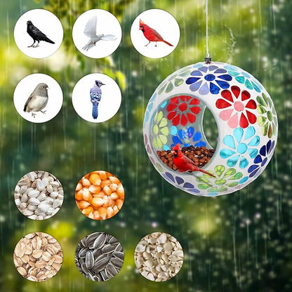 Bird Feeder - Mosaic Fly Through Bird Feeders for Outside Hanging with Round Shape Glass Container Birdfeeder for Garden Decor, 6.5 Inch Colorful Flower Design