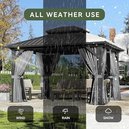 Aoxun 12'x10' Hardtop Gazebo, Aluminum Frame Permanent Pavilion with Curtains and Netting, Outdoor Galvanized Double Roof Canopy, Designed for Garden, Lawns, Patio, with Ground Nails