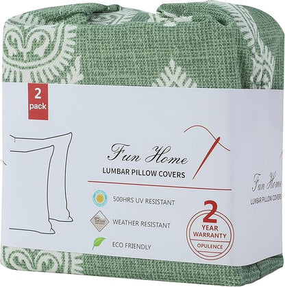 FUNHOME Outdoor Indoor Lumbar Pillow Covers ONLY, Water-Repellent Patio Lumbar Cushion Cases 12” x 20”, Decorative Throw Pillowcase Shell for Couch Patio Garden Furniture Use -Fair Green