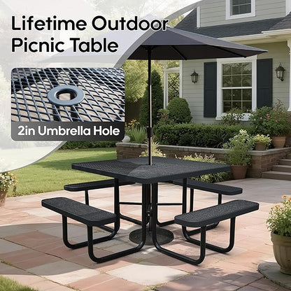8-Person Outdoor Picnic Tables,46" Heavy-Duty Metal Square Picnic Table,Expanded Metal Commercial-Grade Table with 4 Benches & Umbrella Hole,Waterproof Coating Beach Table for Patio,Garden, Backyard