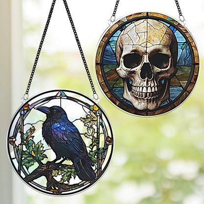 2 Halloween Raven Skull Acrylic for Window Hanging, Art Gothic Decor for Home, Indoor, Garden, Housewarming, Gift for Mom, Grandma, Women, Friend SCB-A6-GT1