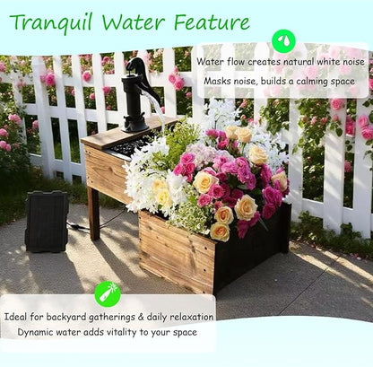 Outdoor Water Fountain，Floor Wooden Rectangular Double-Layer Old-Fashioned Pump Fountain with Flower Box，Solar-Powered Electric Decorative Hand Pump，Outdoor Water Feature for Garden Patio Backyard