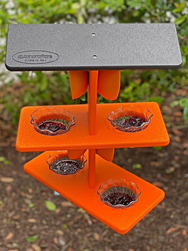 DutchCrafters Plastic Poly Double Platform Hanging Oriole Bird Feeder with Fruit Slice Holders & Nectar Cups, Jelly Bird Feeders for Outside - Amish Made in USA (Double, Black & Bright Orange)