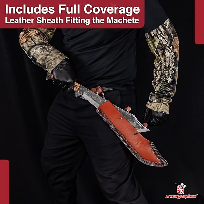 Armory Replicas™ Into The Wild High Carbon Steel Full Tang Outdoor Camping Machete – 14-inch Blade with Textured Finish, Sheesham Wood Handle & Genuine Leather Sheath