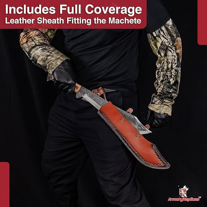 Armory Replicas™ Into The Wild High Carbon Steel Full Tang Outdoor Camping Machete – 14-inch Blade with Textured Finish, Sheesham Wood Handle & Genuine Leather Sheath