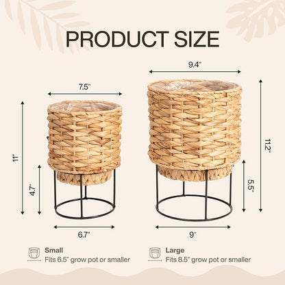 Set of 2 Water Hyacinth Planter Pot with Metal Stand - Indoor Plant, Flower, Succulent, Basket Planter, Decorative Pot Cover (Twisted)