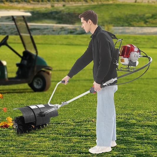 52CC 2 Stroke Gas Backpack Broom Sweeper, 2.3HP Artificial Grass Brush Gasoline Powered Broom, 1700W Outdoor Portable Lawn Sweeper Machine for Cleaning up Boulevard, Driveway, Lawn, Walkway