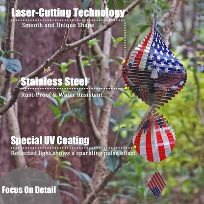 American Flag Eagle Patriotic Helix Metal Wind Spinners for Yard and Garden,12 Inch 3D Stainless Steel Hanging Kinetic Yard Art Wind Sculpture Independence Day Decor Outdoor Indoor