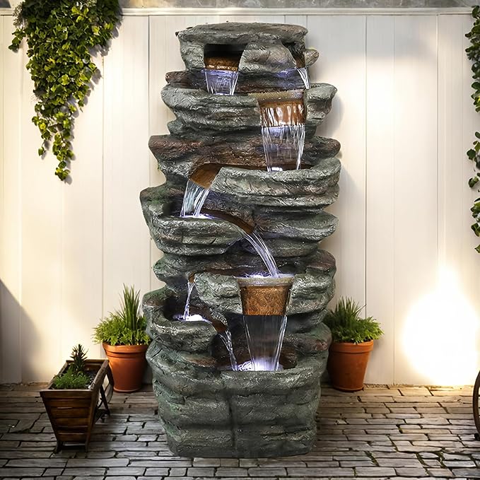 48''H 7-Tier Outdoor Garden Water Fountain Decor, Outdoor Resin Fountain with LED Light for Garden, Floor Patio, Deck, Porch, Backyard and Home Art Decor (48inch)