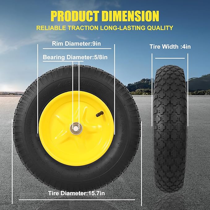 4.80/4.00-8 Tire & Wheel, Set of 2 Heavy Duty Pneumatic Rubber Wheels, 16 in Wheelbarrow Tires with 5/8" Bearings, Compatible with Hand Truck, Wagon, Dolly, Garden Cart, Dump Cart