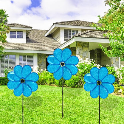 4PCS Flower Wind Spinner Sparkly Lawn Pinwheel 11.8 inch Blue Garden Windmill for Garden, Party, Outdoor, Yard Decor