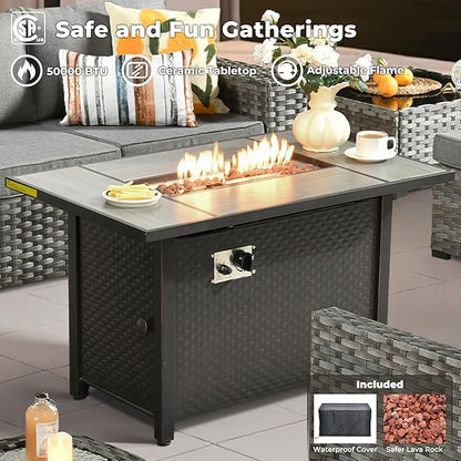 ovios 9 Pieces Patio Furniture Set, Outdoor Wicker Sectional Sofa with 42" Firepit Table Swivel Chair, Modern Modular Deep Seat Rattan Couch Conversation Sets, Dark Grey