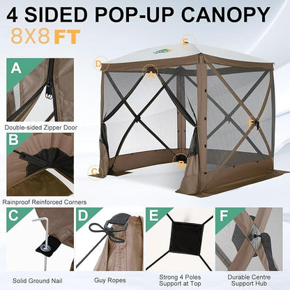 COBIZI 6x6 Pop up Gazebo Tent, Ez up Waterproof Screen Tent Screen House, Portable Outdoor Canopy Sun Shelter with Carry Bag & Ground Stakes for Camping, Garden and Picnics, Brown(Upgraded 2.0)