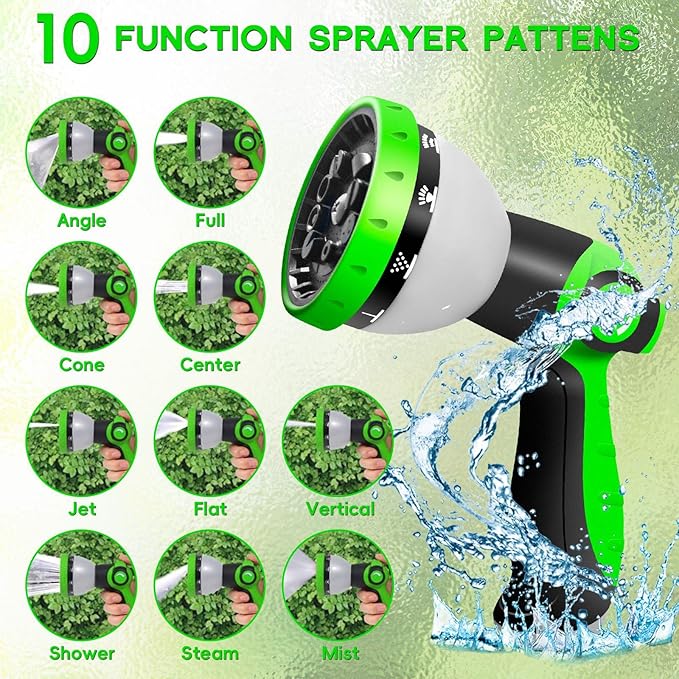 Garden Hose 50 FT, NON-EXPANDABLE Heavy-Duty Flexible & Lightweight Water Hose with 10-Function Nozzle, No-Kink Design, Leak-Proof Super Fabric, Solid Fittings for Lawn, Car, RV, Outdoor