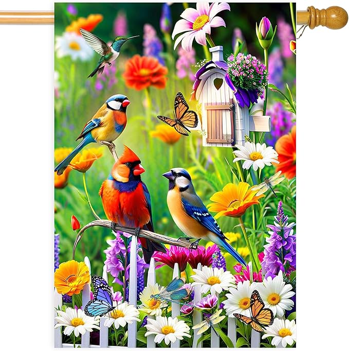 Spring Summer Humming bird House Flag Birds Floral Garden Flags 28x40 Double Sided, Large Yard Flags for Outside Decoration