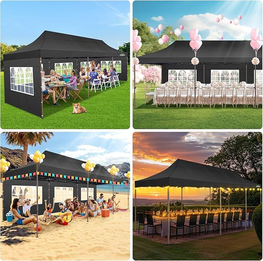 COBIZI 10x30 Heavy Duty Pop Up Canopy with 8 Sidewalls and Hexagonal Legs, Easy up Tent for Parties, Wedding and Commercial, Outdoor Canopy with Carry Bag, Sand Bags, Waterproof & UPF50+ (Black)