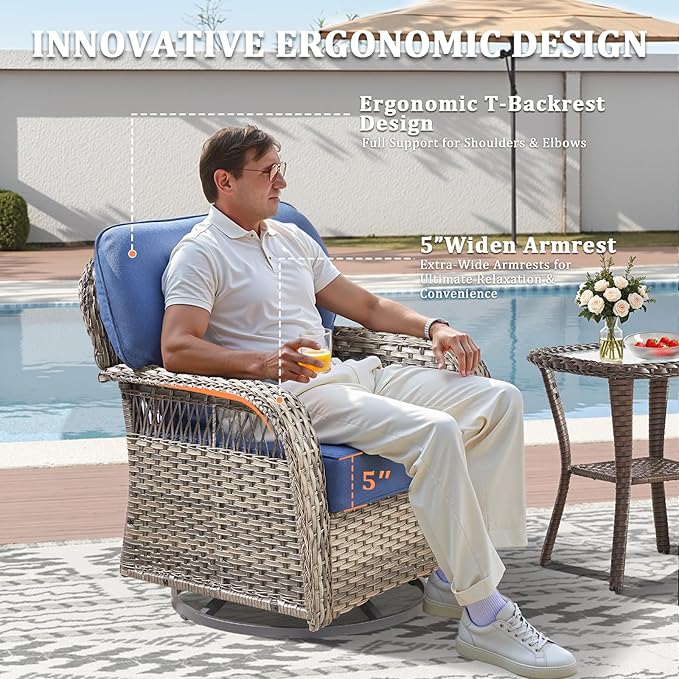 10 Pieces Patio Furniture Set Outdoor Sectional Sofa Couch with Rocking Swivel Chairs 5" Deep Seat Chairs, Modern Wicker Rattan Conversation Set, Blue/Gray Wicker