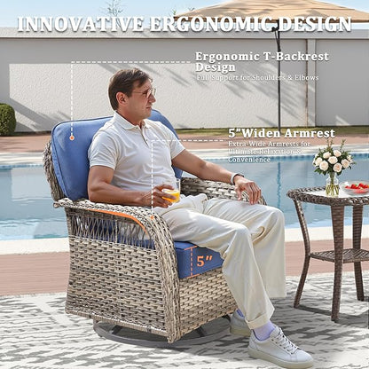 10 Pieces Patio Furniture Set Outdoor Sectional Sofa Couch with Rocking Swivel Chairs 5" Deep Seat Chairs, Modern Wicker Rattan Conversation Set, Blue/Gray Wicker