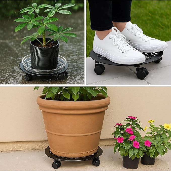 2 Packs Large Metal Plant Caddy with PU Wheels 12" Heavy-Duty Wrought Iron Rolling Plant Stands Indoor Outdoor Wheeled Plant Dolly Planter Mover Rollers Plant, Leaf Style