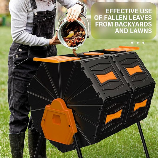 Compost Bin Outdoor 45 Gallon, BPA-Free Dual Chamber Rotating Composter for Kitchen Waste, Heavy-Duty Fast Compost Tumbler Great Sustainable Gift for Winter Garden Yard & Spring Ready Soil