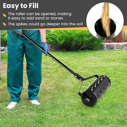 Goplus Rolling Lawn Aerator, 18-Inch Garden Yard Rotary Push Tine Filled Sand Stone, Heavy Duty Spike Soil Aeration w/Metal Handle, Fillable Drum 51" Manual Lawn Aeration Tool Garden Grass Patio Yard