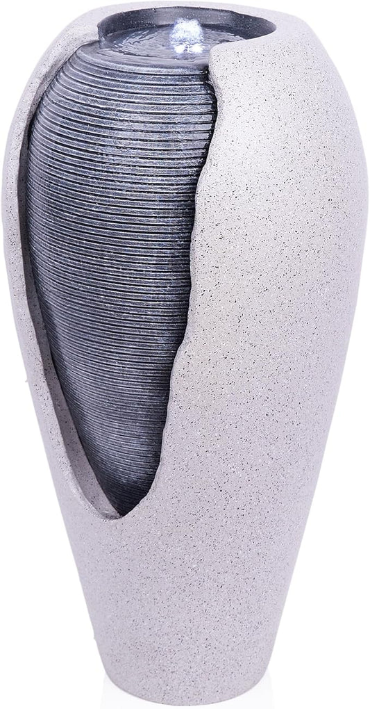 Alpine Corporation - 29" Tall Two Tone Ribbed Jar Floor Fountain with LED Lights – Elegant Indoor/Outdoor Water Feature, Easy Setup with Pump & Plug-in Design (Gray)