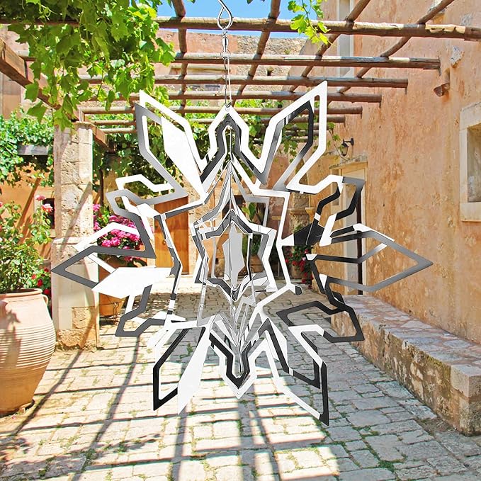 Hanging Wind Spinner Outdoor Metal Decorations, Silver Wind Spinners for Yard and Garden, 3D Mirror Stainless Steel Wind Sculptur Chime Indoor Outdoor Garden Decoration Worth Gift (Snowflake)