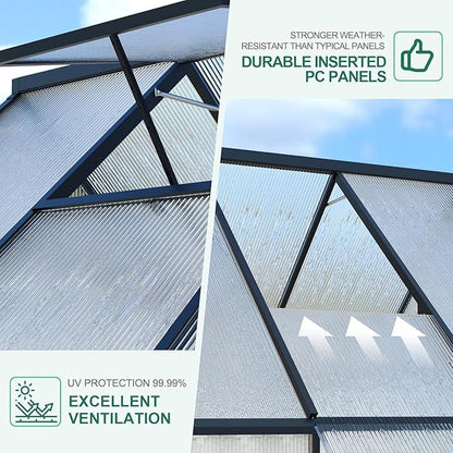 Greenhouse 8x10 FT Aluminum-Framed Heavy Duty Polycarbonate with Quick Setup Structure and Roof Vent, Large Enhanced Outdoors Green House Kit