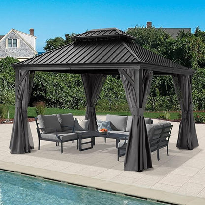 ABCCANOPY Hardtop Gazebo 10x12 - Outdoor Metal Hard Top Gazebo, Permanent Galvanized Steel Aluminum Framed Pavilion with Netting and Curtain for Patio Backyard Lawn Garden (Double Roof, Gray)