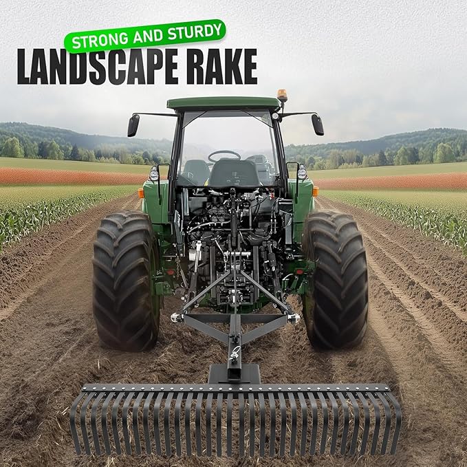 KUAFU 60" Landscape Rake, 3 Point Rake 360 Rotation Compatible with Category 1 Cat1 Compact Tractors Tow-Behind Garden Tool for Garden, Farm, Clearing Brush, Raking Arenas 2 Package Black