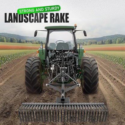 KUAFU 60" Landscape Rake, 3 Point Rake 360 Rotation Compatible with Category 1 Cat1 Compact Tractors Tow-Behind Garden Tool for Garden, Farm, Clearing Brush, Raking Arenas 2 Package Black