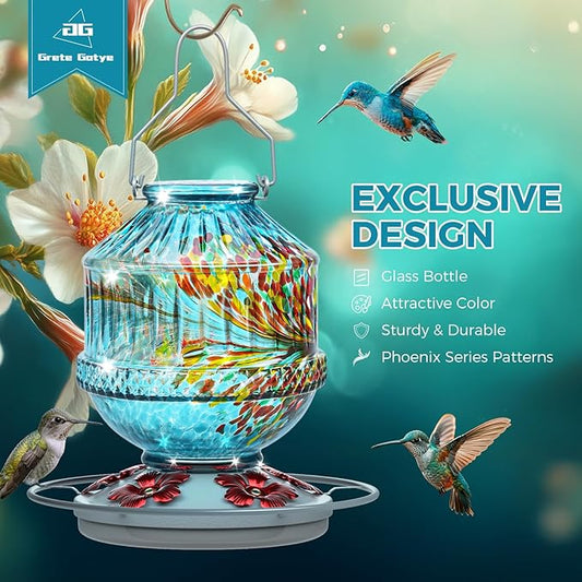 Hand Blown Glass Hummingbird Feeders for Outdoors, 25 Ounces Wild Bird Nectar Feeder with Perch & 5 Flower Feeding Ports Leak Proof Hanging for Garden Backyard Decor, Gifts for Women Mom, Blue