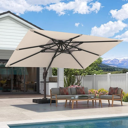 9x12 FT Cantilever Patio Umbrella with Base Included Double Top Outdoor Rectangular Large Heavy Duty Aluminum Offset Umbrellas with 7 Level Tilt 360-degree Rotation for Pool Garden Deck, Beige