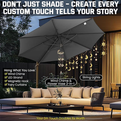 Hotime 10ft Patio Umbrella Outdoor Patio Windproof and Height adjustable, Heavy Duty Aluminum Round Offset Patio Umbrella Cantilever Pool Umbrella with 360°Rotation for Garden Deck Pool, Gray