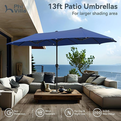 PHI VILLA 13ft Large Patio Umbrellas, Double-Sided Outdoor Market Rectangle Umbrella for Outside, Haze Blue