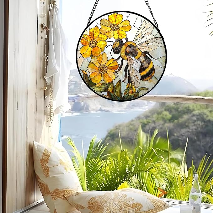 Stained Glass Window Hanging - Yellow Bees Gathering Flowers Sun Catcher for Door Garden Home Decor Cute Suncatcher Christmas Mother's Day Birthday Gifts for Women Men Mom Nana 15 in