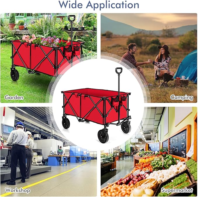 Goplus Collapsible Wagon, Folding Utility Wagon Cart w/Universal Wheels & Adjustable Handle & Cover Bag, Grocery Wagon for Garden Shopping Camping (Red)