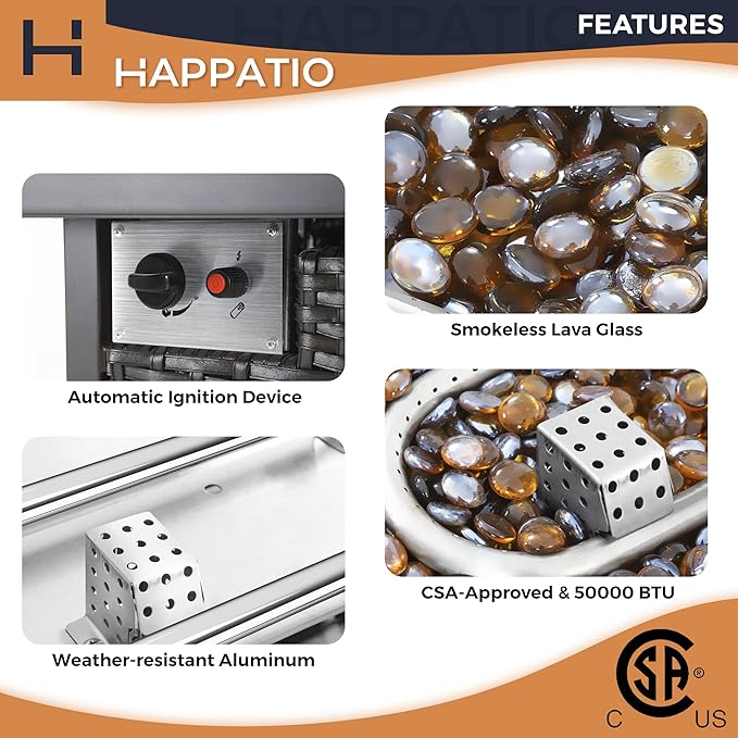 HAPPATIO Propane Fire Pit Table - 48 inch 50,000 BTU Aluminum Outdoor Patio Fire Pit,Wicker & Aluminum Rectangular Propane Gas Fire Pit, Clear Glass Rock and Tabletop Lid, Black PE Rattan(Brown)