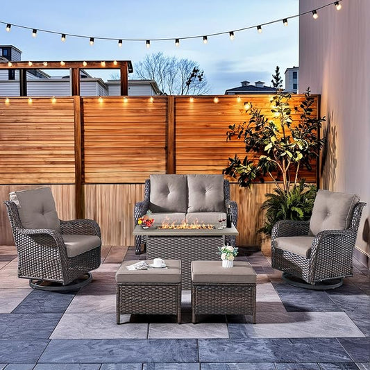 HUMMUH 6-Piece Patio Furniture Set with Fire Pit Table Wicker Outdoor Swivel Rocker Patio Chairs High Back Loveseat Conversation Set for Porch, Backyard, Deck