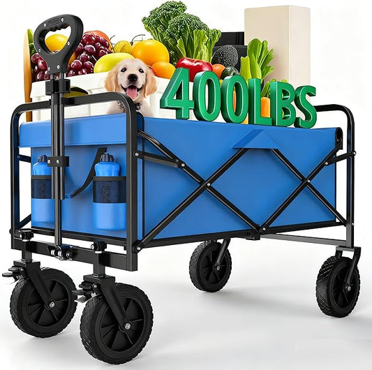 OLIXIS Wagon Cart, Heavy Duty Collapsible 400 lbs Large Foldable Wagons Carts with Wheels Smooth Maneuverability for All-Terrain, Suitable for Gardening, Camping, Beach, Bluecolor
