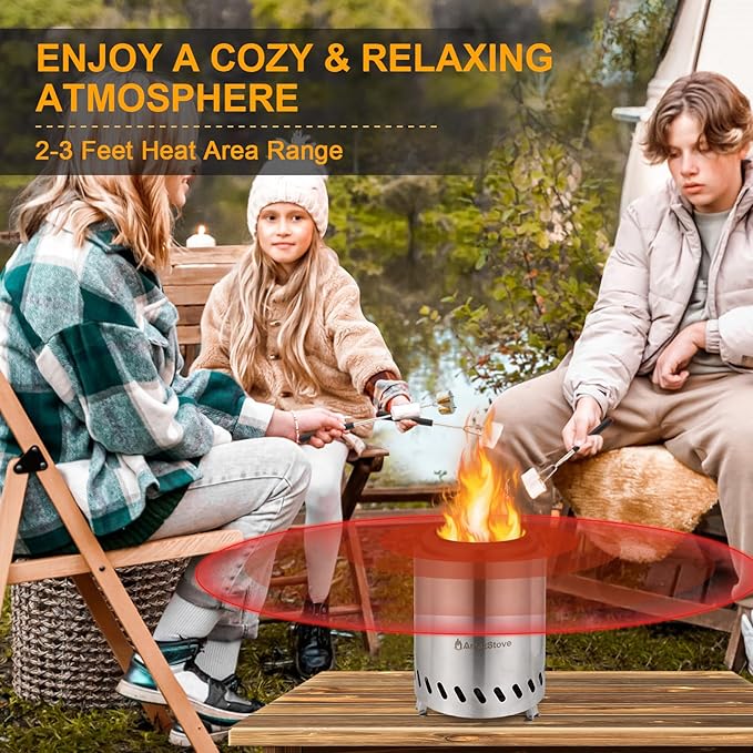 9.7 x 7.1 Inch Tabletop Fire Pit by AmazStove, Low Smoke Camping Stove for Outdoor Safe Burning Firepits, Fueled Pellets or Wood, Travel Bag Included (Silver, 9.7 x 7.1 INCH)