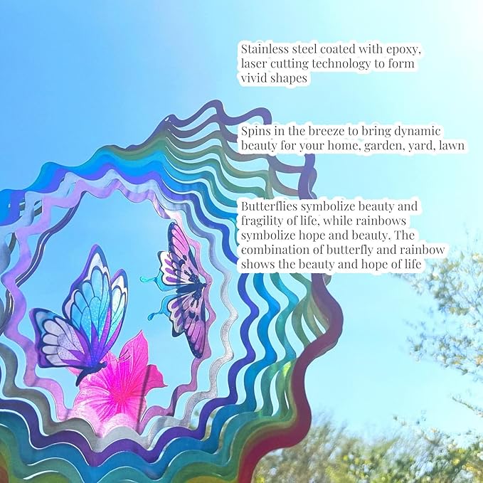 Butterfly Wind Spinner Outdoor Mental Kinetic Wind Spinner for Yard and Garden Rainbow Gifts Hanging Lawn Ornaments 3D Visual Effect(12''-1pc, Butterfly Rainbow)
