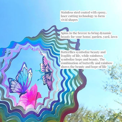 Butterfly Wind Spinner Outdoor Mental Kinetic Wind Spinner for Yard and Garden Rainbow Gifts Hanging Lawn Ornaments 3D Visual Effect(12''-1pc, Butterfly Rainbow)