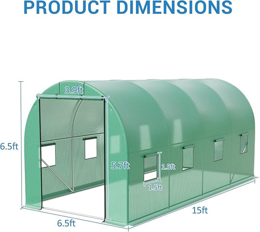 15X7x7 Ft Walk-in Tunnel Greenhouse for Outdoor Gardening - Heavy Duty Galvanized Steel Hoop House with Green PE Cover, Roll-Up Zipper Door & 8 Vent Windows, Garden Plant Protection for Winter Use
