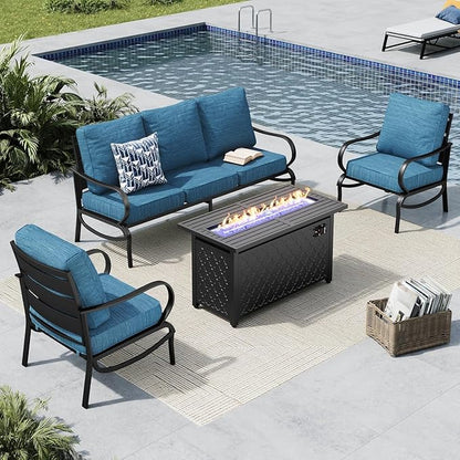 MFSTUDIO 4 Piece Patio Conversation Sets, All Weather Metal Frame Outdoor Furniture Set Patio Sofas with 1 x 45 Rectangular Fire Pit Table, 1 x 3-Seat Sofa, 2 x Sofa Chairs, Peacock Blue Cushion