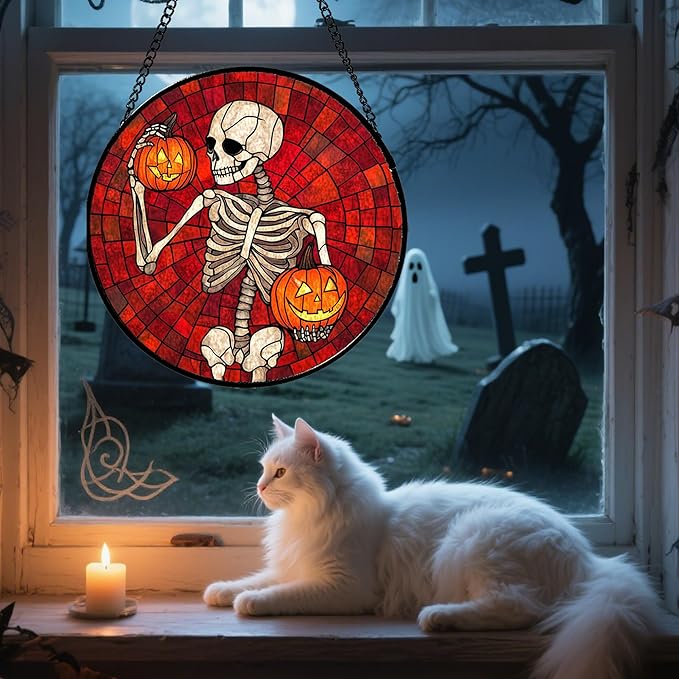 Stained Glass Window Hanging - Halloween Decorations Skeleton Pumpkin Suncatcher for Doors Garden Indoor Spooky Funny Sun Catchers Gothic Decor Horror Gifts for Women Men Friend 9.8 in