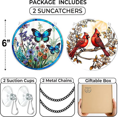 2 Cardinal Butterfly Acrylic Suncatcher, Art Decor for Home, Suncatcher for Window Hanging Indoor, Garden, Housewarming, Gift for Mom, Grandma, Women, Friend, Bird Lover SCB-A6-B3